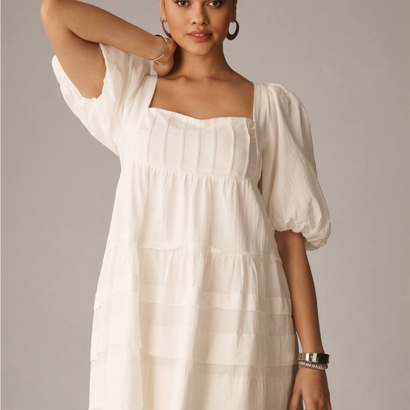Anthropologie White Puff Sleeve Dress Women’s M Smocked Back Cottagecore tiered - Picture 5 of 10